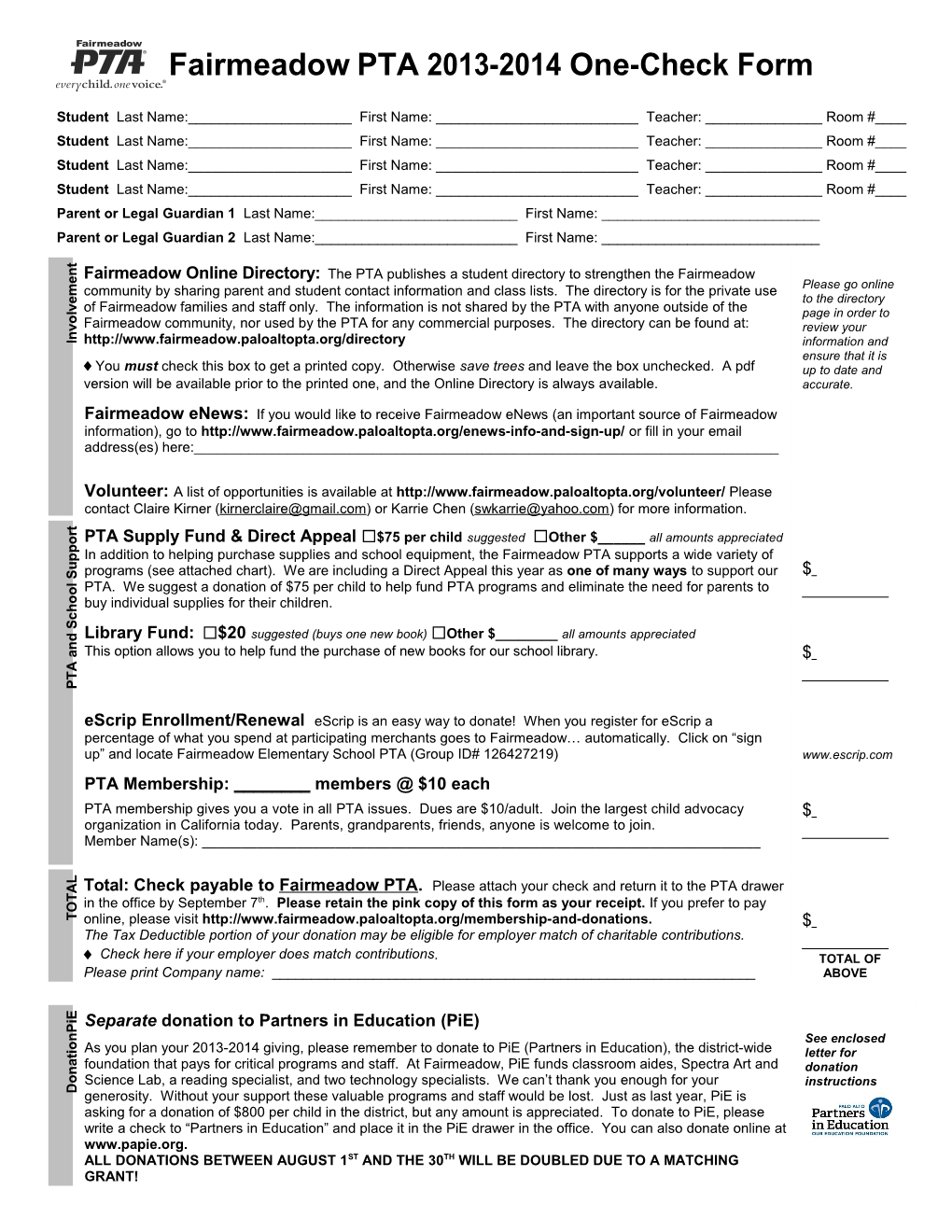 Barron Park PTA 2012-2013 One-Check Form