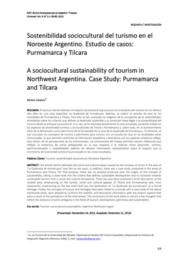 Sostenibilidad Sociocultural Del Turismo En El Noroeste Argentino. Estudio De Casos: Purmamarca Y Tilcara a Sociocultural Sustai