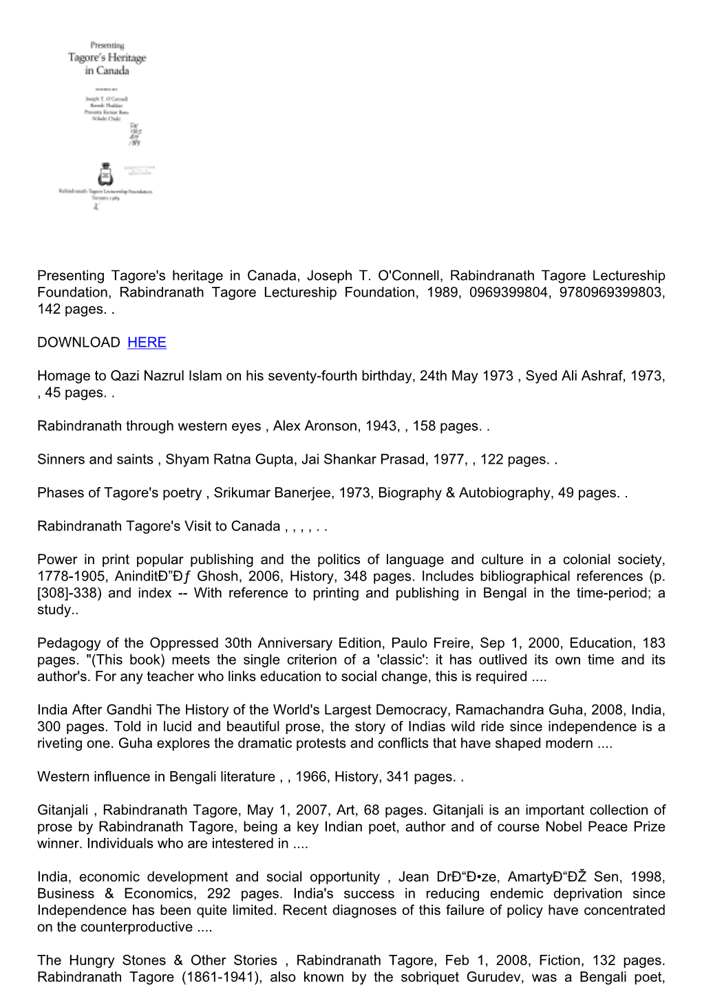Download Presenting Tagore's Heritage in Canada, Joseph T. O'connell, Rabindranath Tagore Lectureship Foundation, Rabind