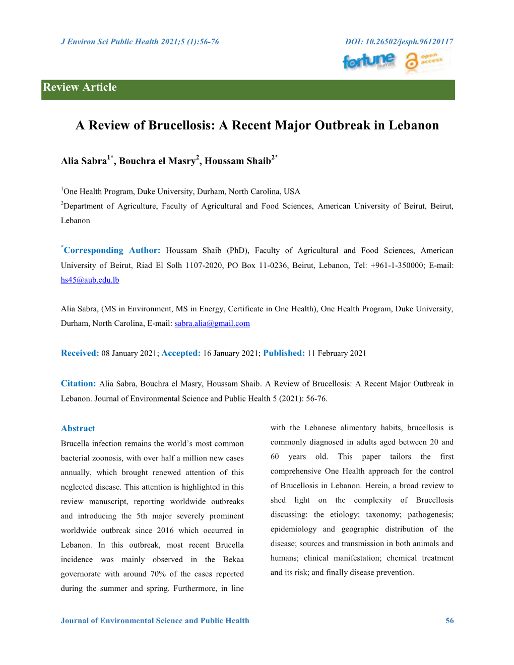 A Review of Brucellosis: a Recent Major Outbreak in Lebanon