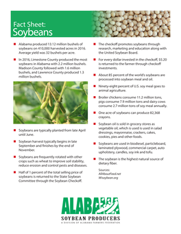 Soybeans N Alabama Produced 13.12 Million Bushels of N the Checkof Promotes Soybeans Through Soybeans on 410,000 Harvested Acres in 2016
