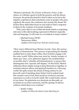 Merton's Last Book, the Climate of Monastic Prayer