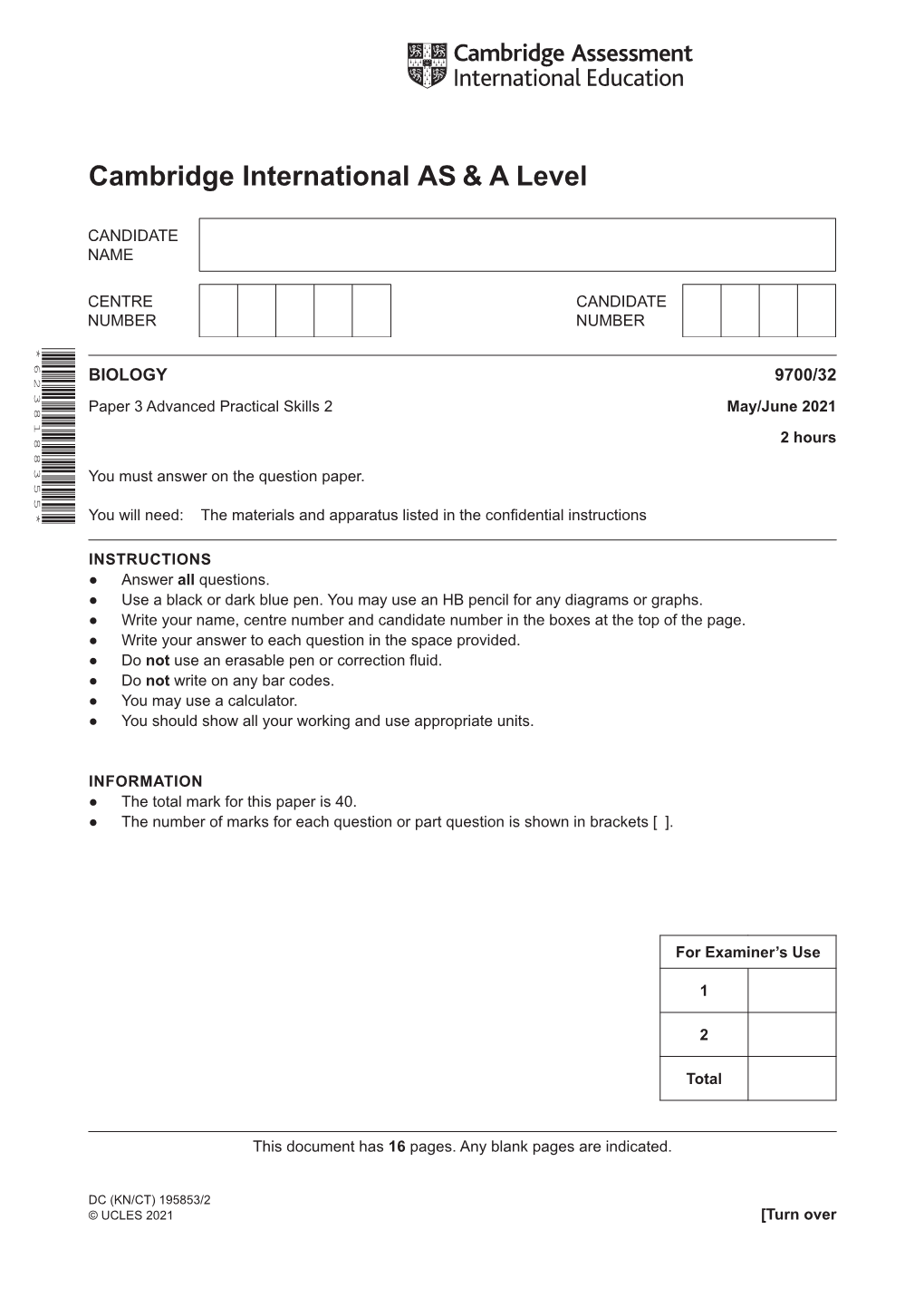 AS & a Level Biology 9700/32 Paper 3 May/June 2021