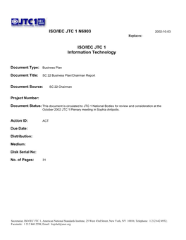 ISO/IEC JTC 1 Subcommittee 22 Chairman's Report