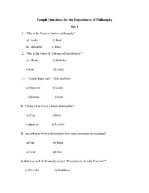 Sample Questions for the Department of Philosophy Set 1