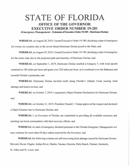 STATE of FLORIDA OFFICE of the GOVERNOR EXECUTIVE ORDER NUMBER 19-281 (Emergency Management-Extension Ofexecutive Order 19-189-Hurricane Dorian)