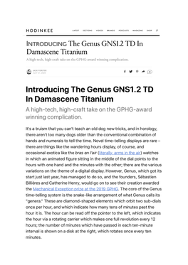 Hodinkee July 2020 the Genus GNS1.2 TD in Damascene Titanium