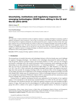 Uncertainty, Institutions and Regulatory Responses to Emerging Technologies: CRISPR Gene Editing in the US and the EU (2012–2019)