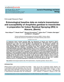 Entomological Baseline Data on Malaria Transmission And