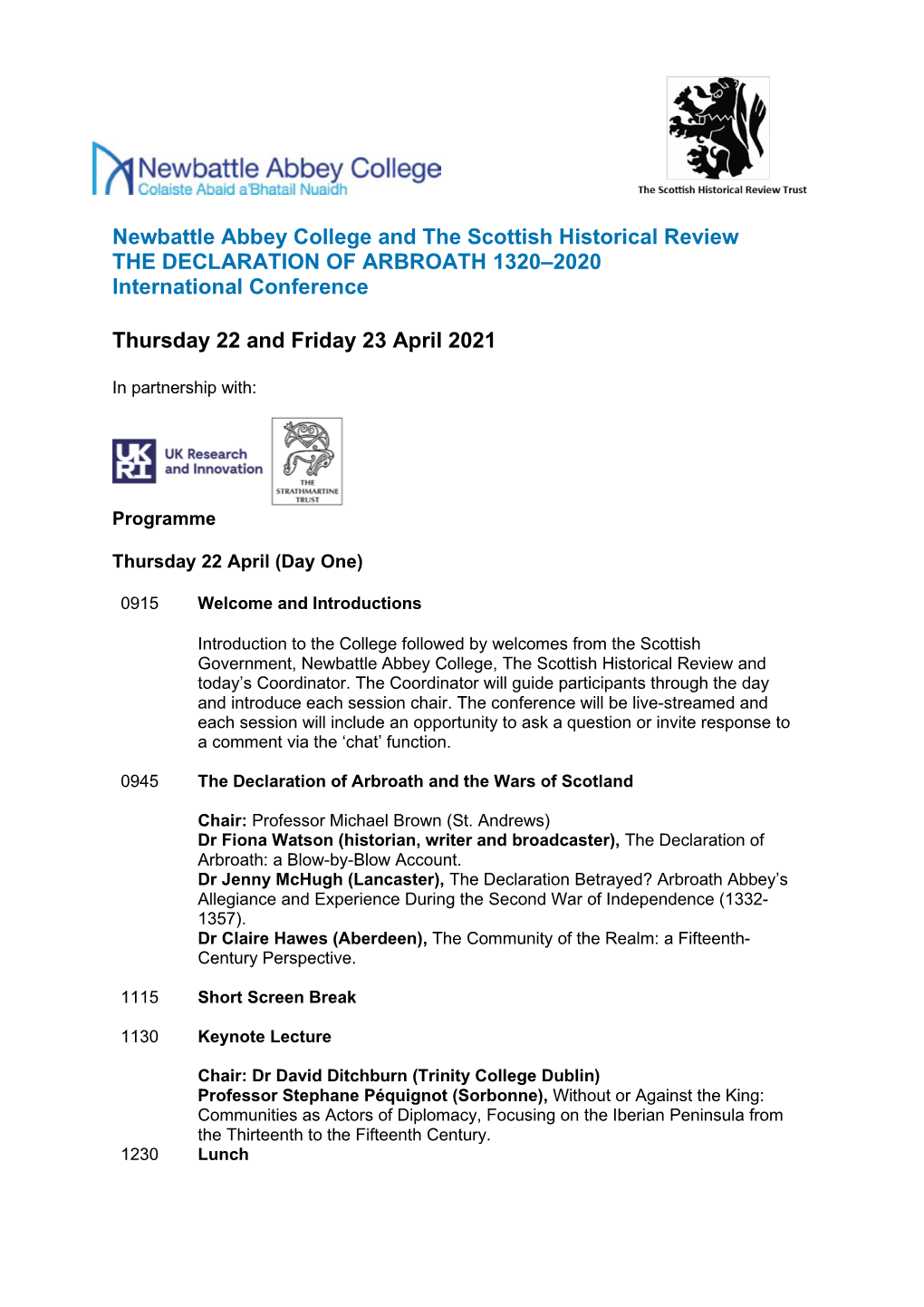 Newbattle Abbey College and the Scottish Historical Review the DECLARATION of ARBROATH 1320–2020 International Conference