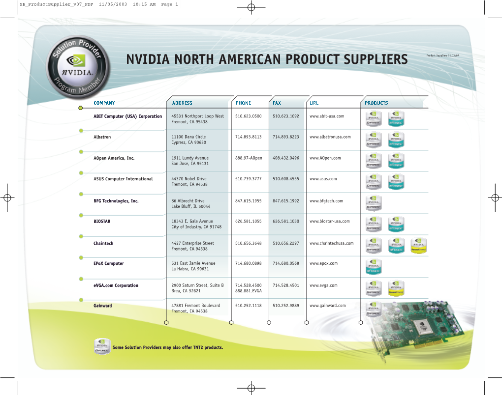 NVIDIA NORTH AMERICAN PRODUCT SUPPLIERS Product Suppliers 11.03V07