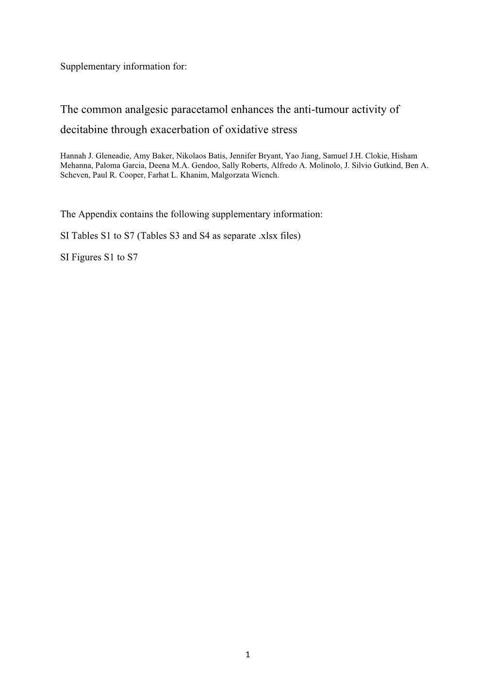 The Common Analgesic Paracetamol Enhances the Anti-Tumour Activity of Decitabine Through Exacerbation of Oxidative Stress