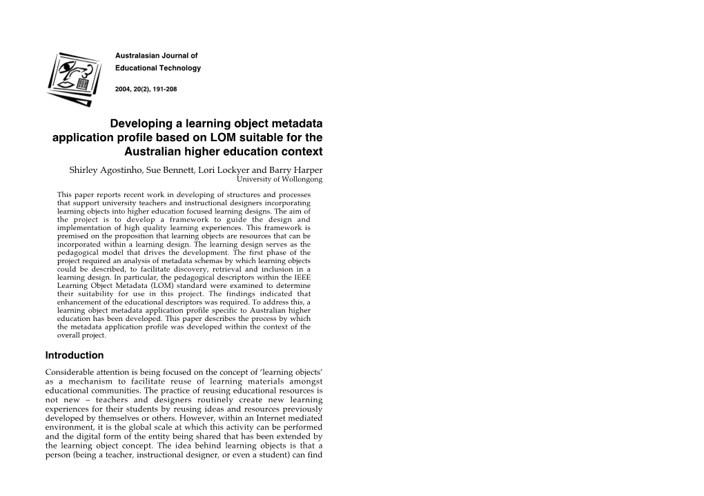 Developing a Learning Object Metadata Application Profile Based on LOM Suitable for the Australian Higher Education Context