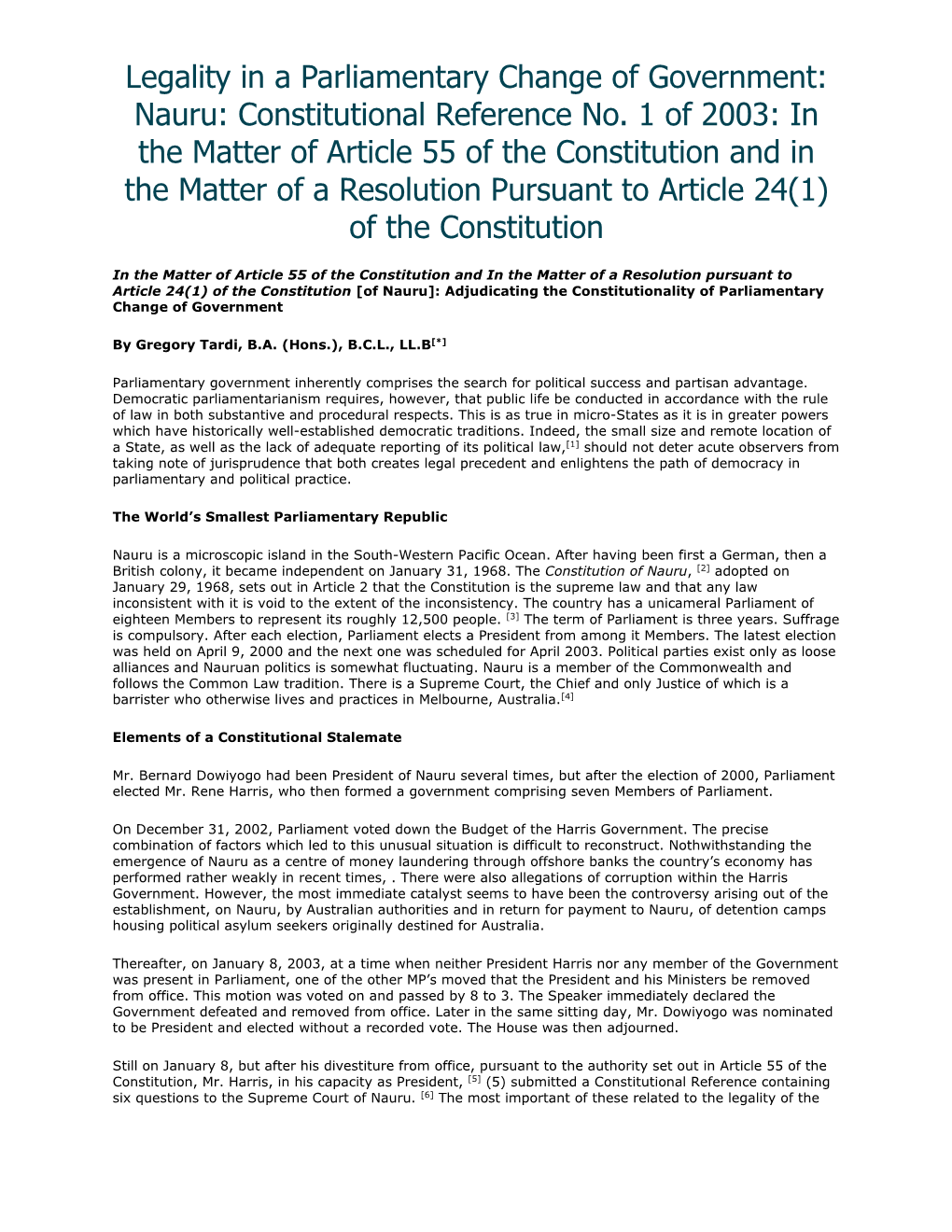 Constitutional Reference No. 1 of 2003: in the Matter of Article 55 Of