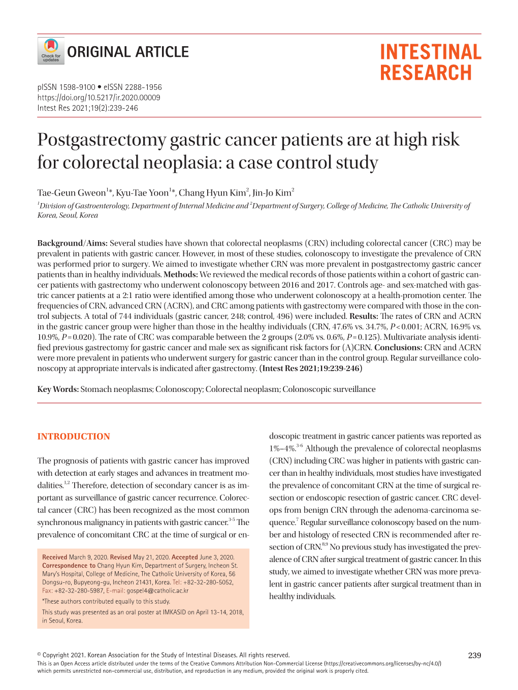 Postgastrectomy Gastric Cancer Patients Are at High Risk for Colorectal Neoplasia: a Case Control Study