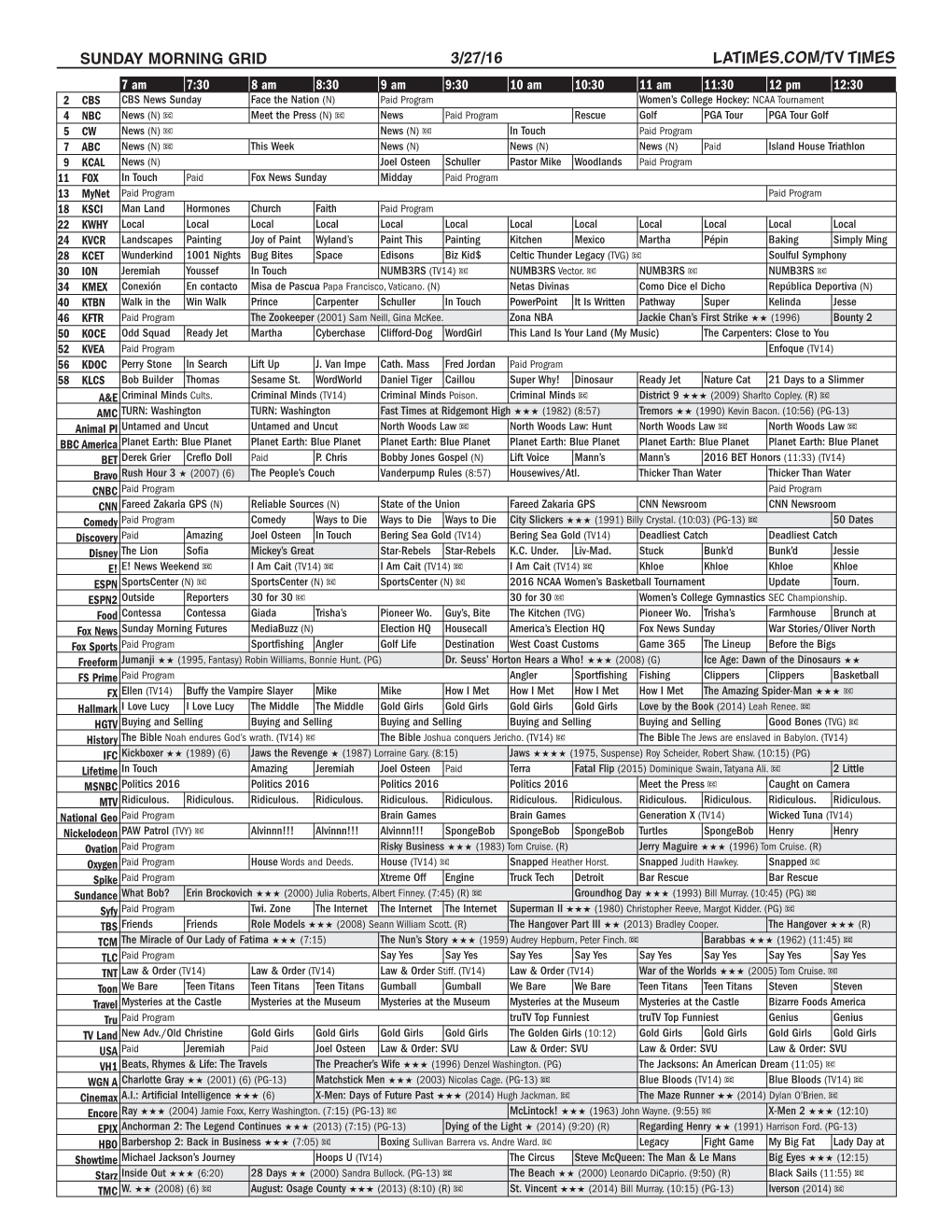 Sunday Morning Grid 3/27/16 Latimes.Com/Tv Times