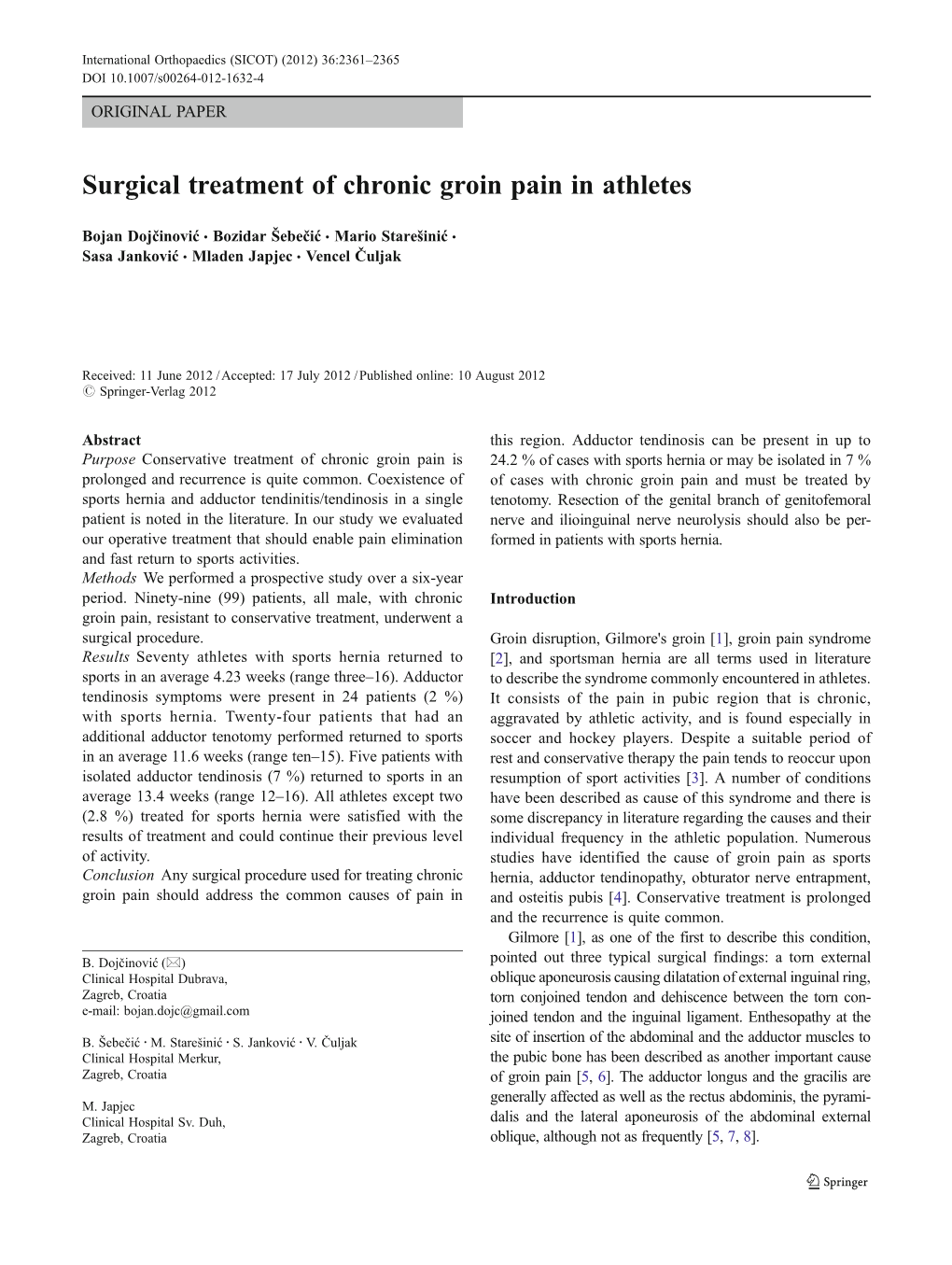 Surgical Treatment of Chronic Groin Pain in Athletes