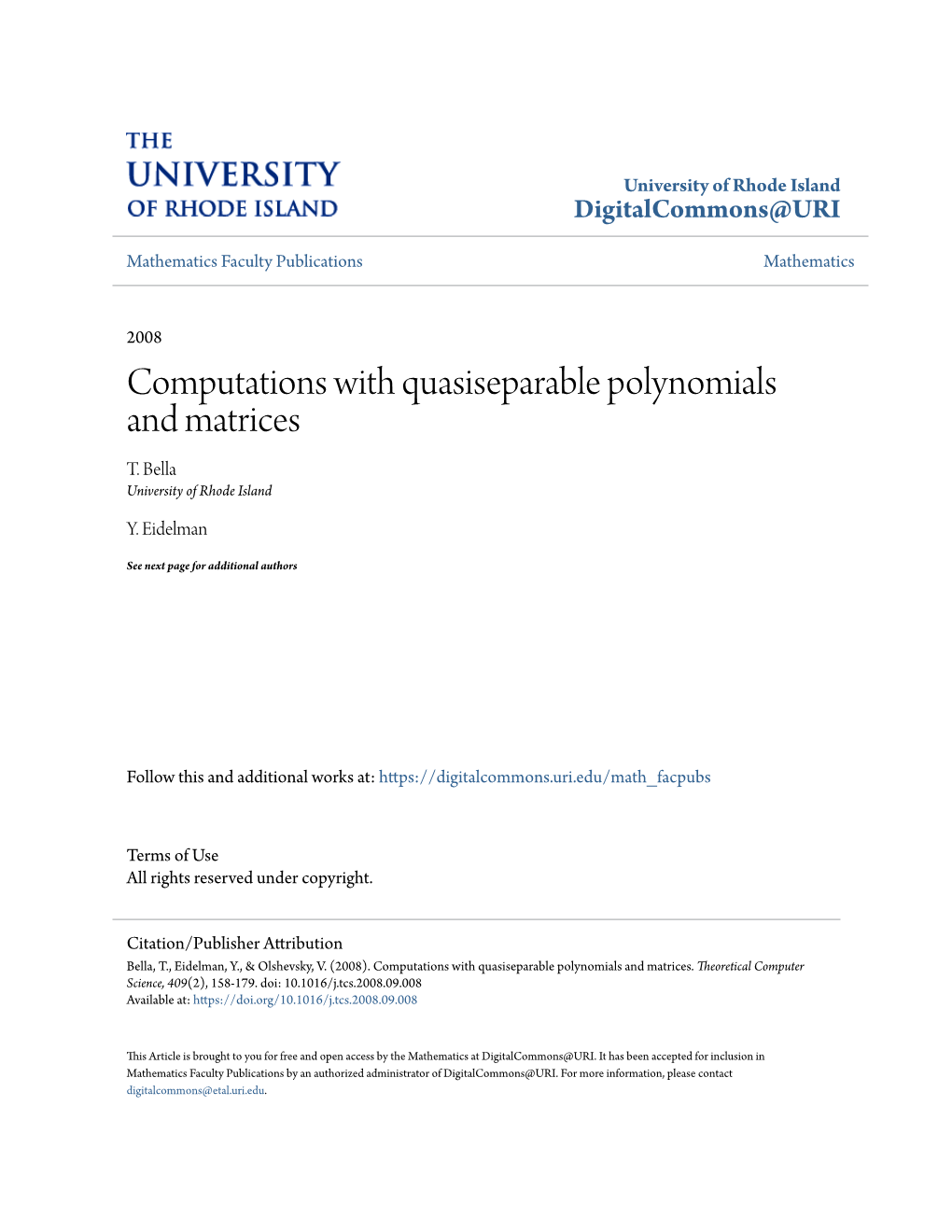 Computations with Quasiseparable Polynomials and Matrices T