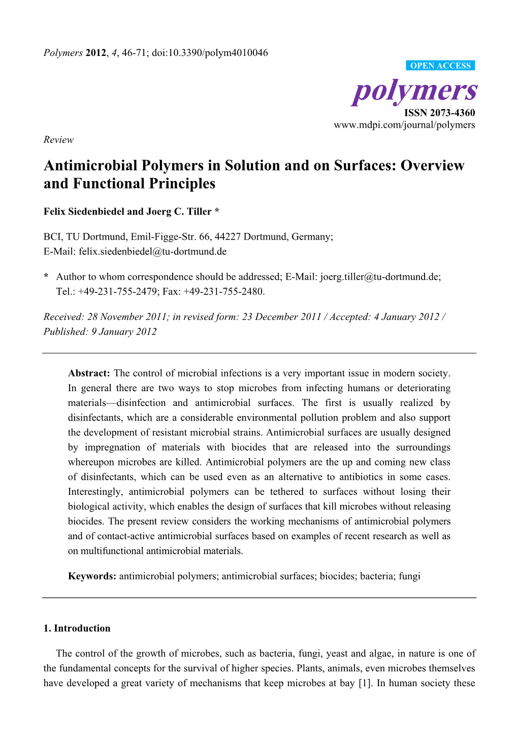 Antimicrobial Polymers in Solution and on Surfaces: Overview and Functional Principles