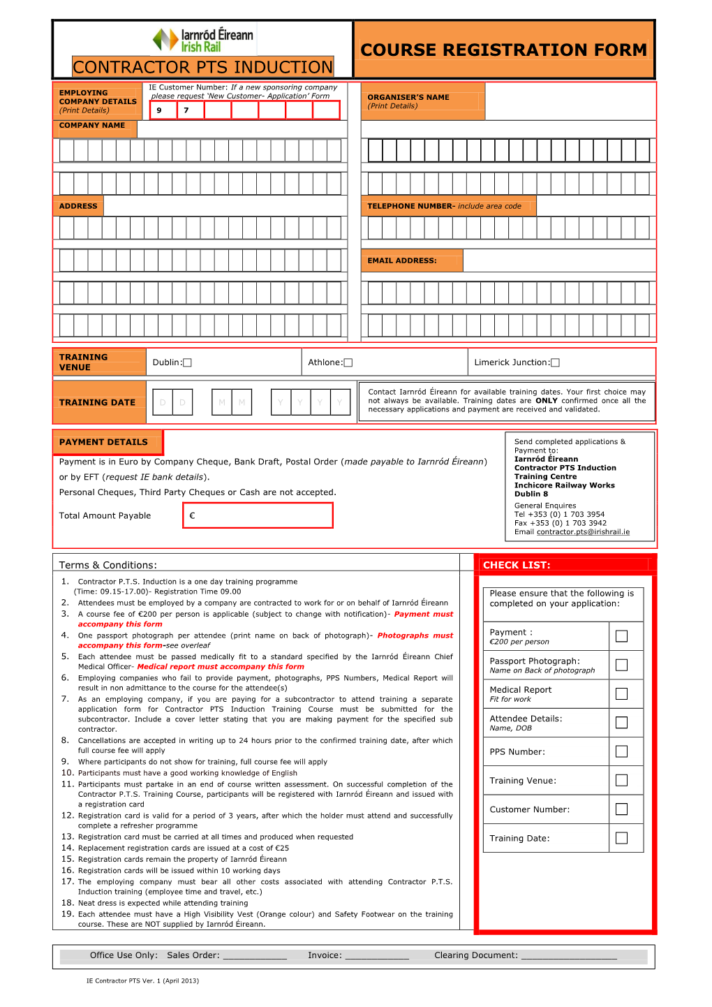 Contractor Pts Induction Course Registration Form