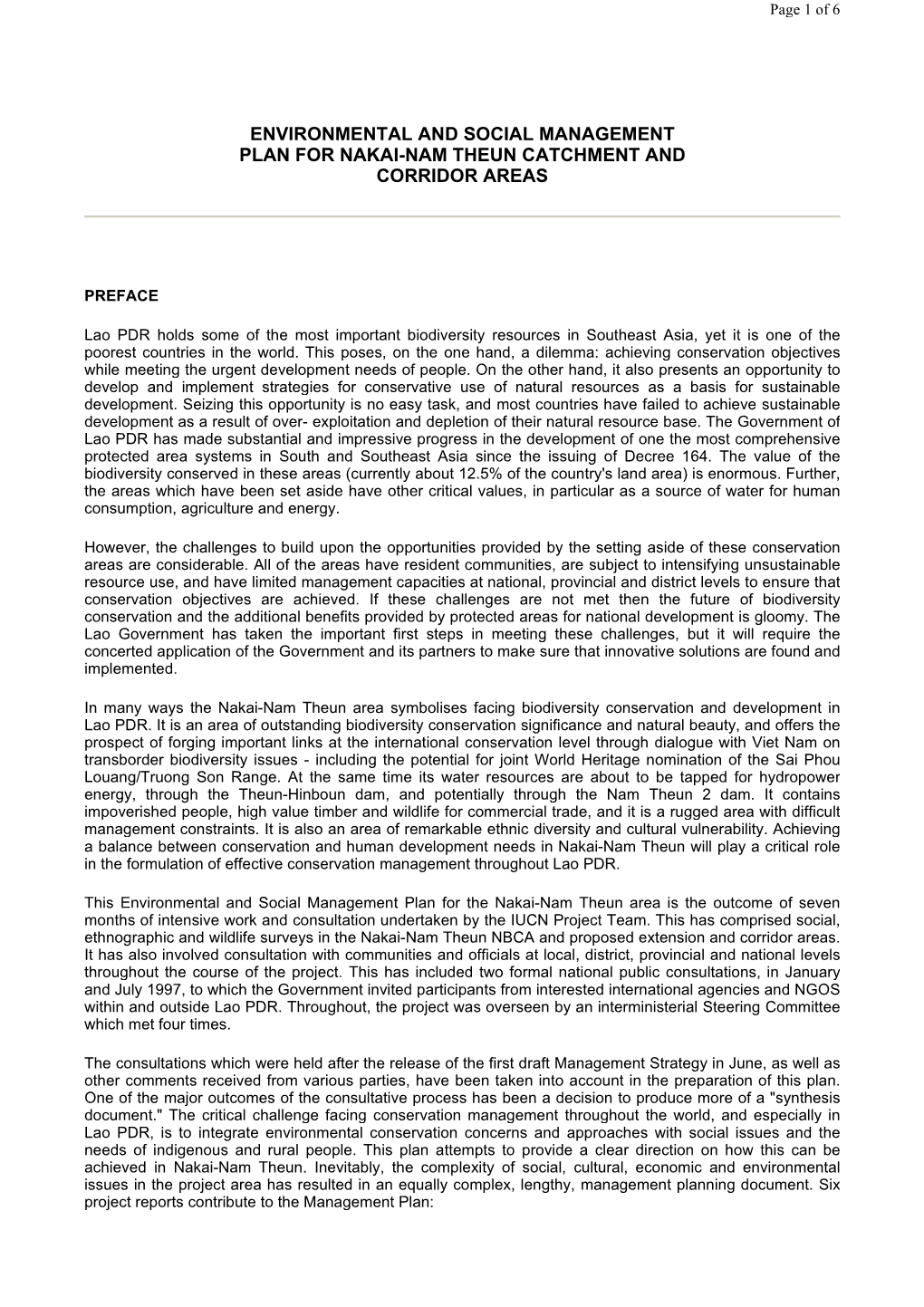 Environmental and Social Management Plan for Nakai-Nam Theun Catchment and Corridor Areas