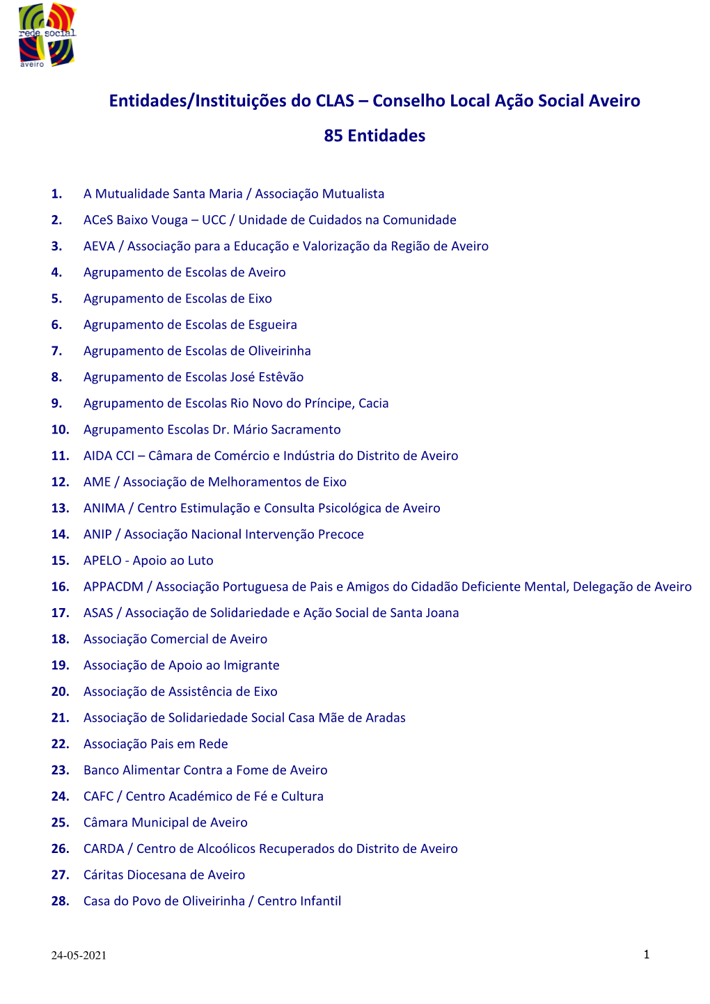 Entidades/Instituições Do CLAS – Conselho Local Ação Social Aveiro 85 Entidades