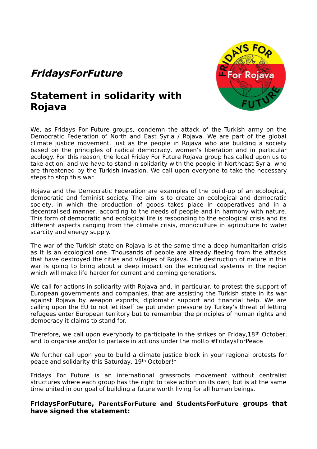 Fridaysforfuture Statement in Solidarity with Rojava