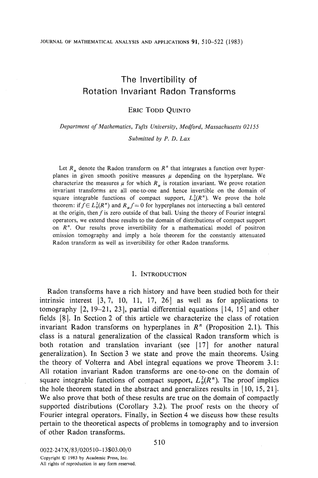 The Lnvertibility of Rotation Invariant Radon Transforms