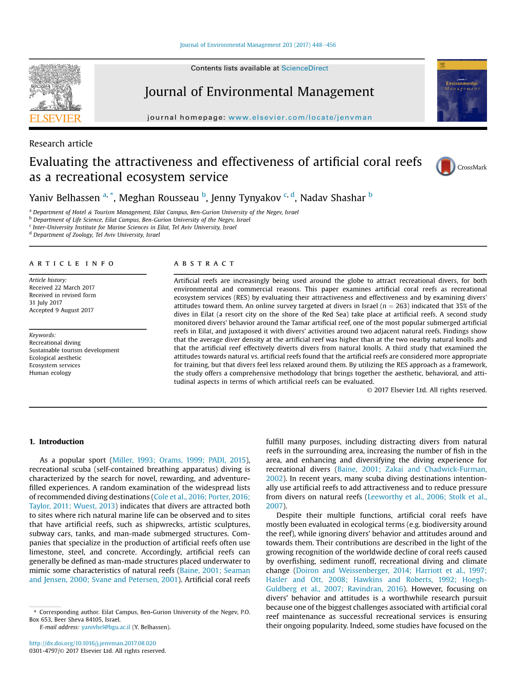 Evaluating the Attractiveness and Effectiveness of Artificial Coral Reefs As a Recreational Ecosystem Service