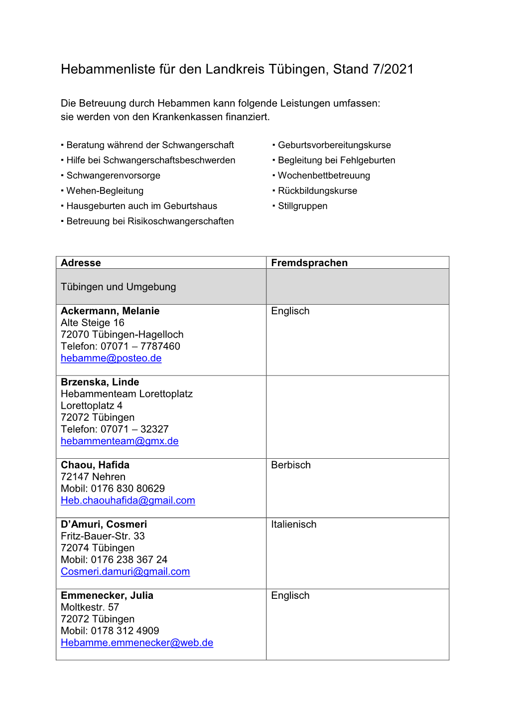 Hebammenliste Für Den Landkreis Tübingen, Stand 7/2021