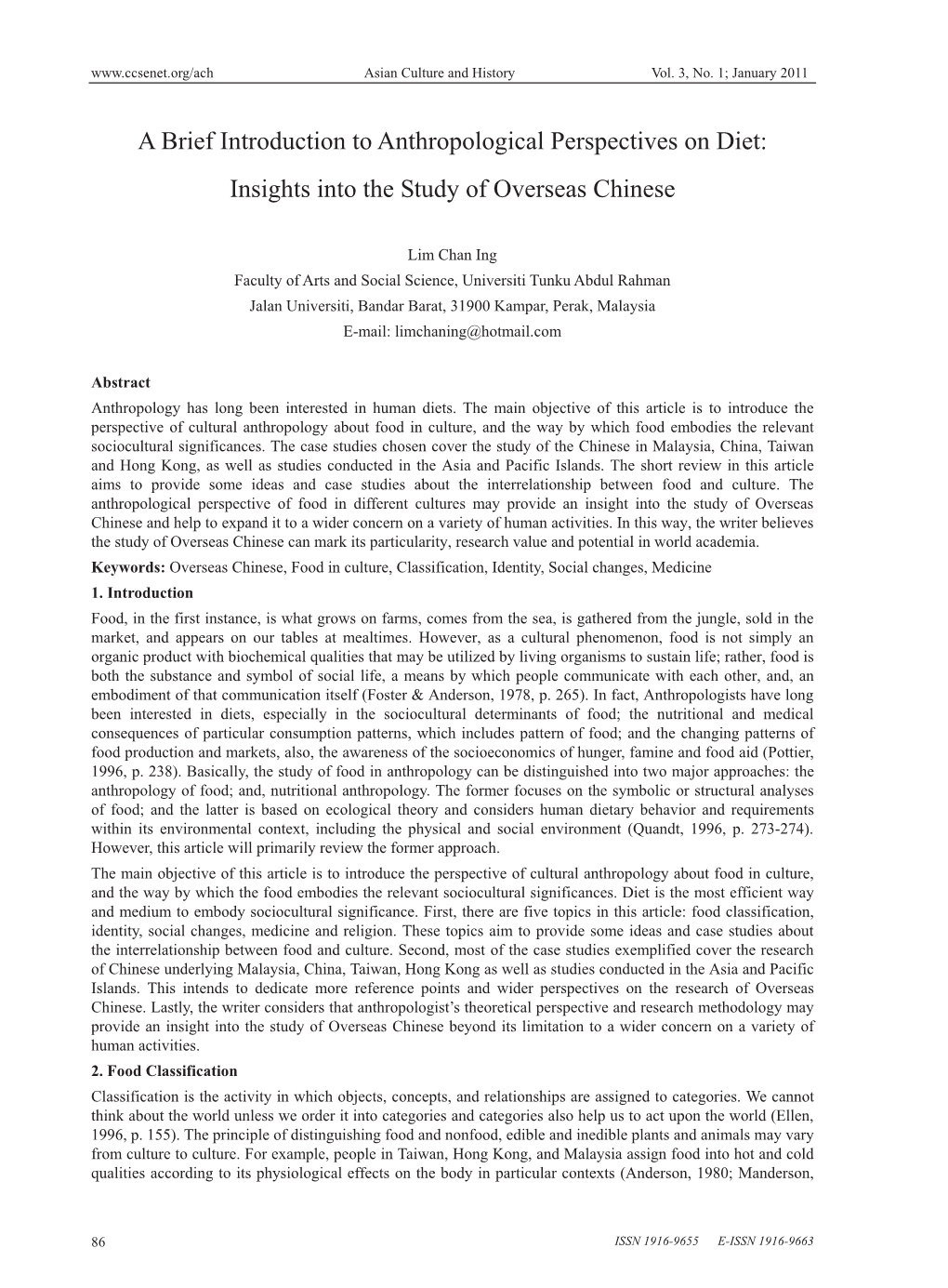 A Brief Introduction to Anthropological Perspectives on Diet: Insights Into the Study of Overseas Chinese