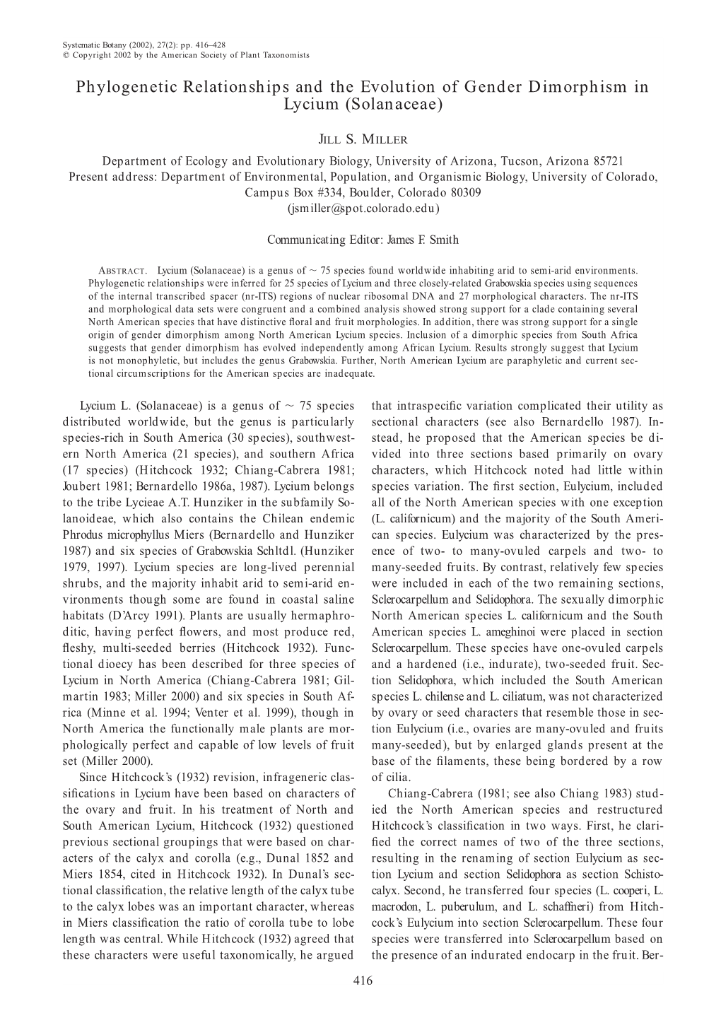 Phylogenetic Relationships and the Evolution of Gender Dimorphism in Lycium (Solanaceae)