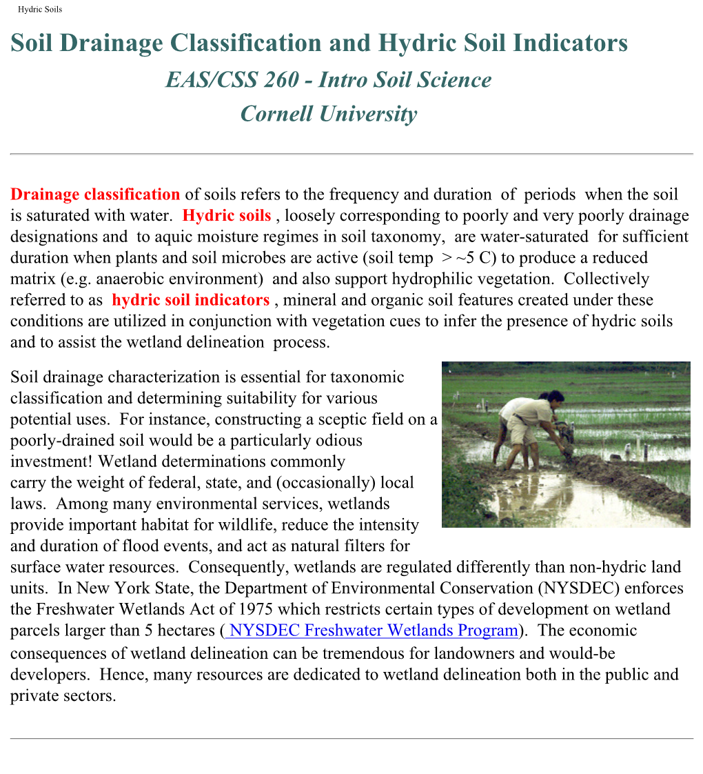 Soil Drainage Classification and Hydric Soil Indicators EAS/CSS 260 - Intro Soil Science Cornell University