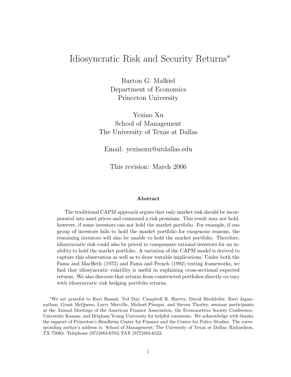 Idiosyncratic Risk and Security Returns∗