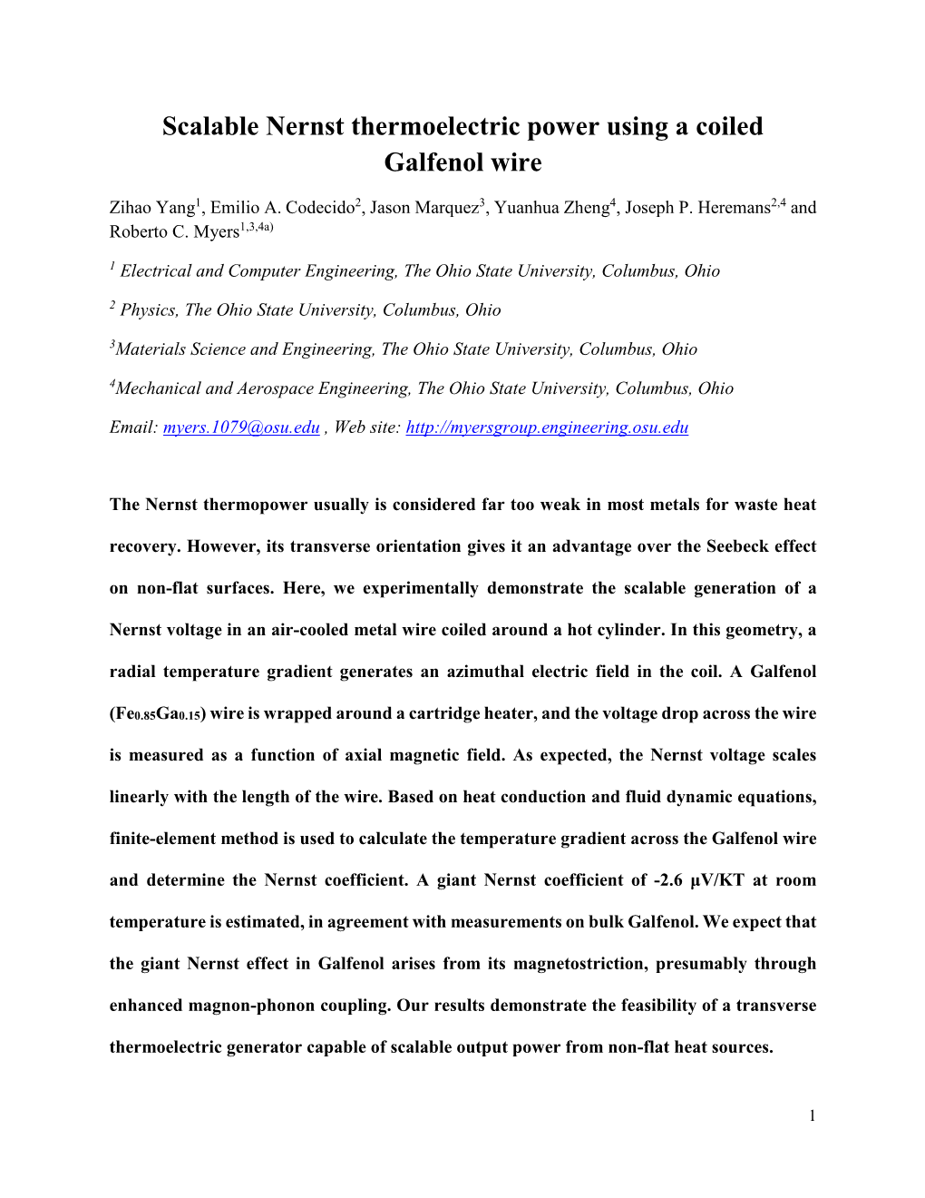 Scalable Nernst Thermoelectric Power Using a Coiled Galfenol Wire