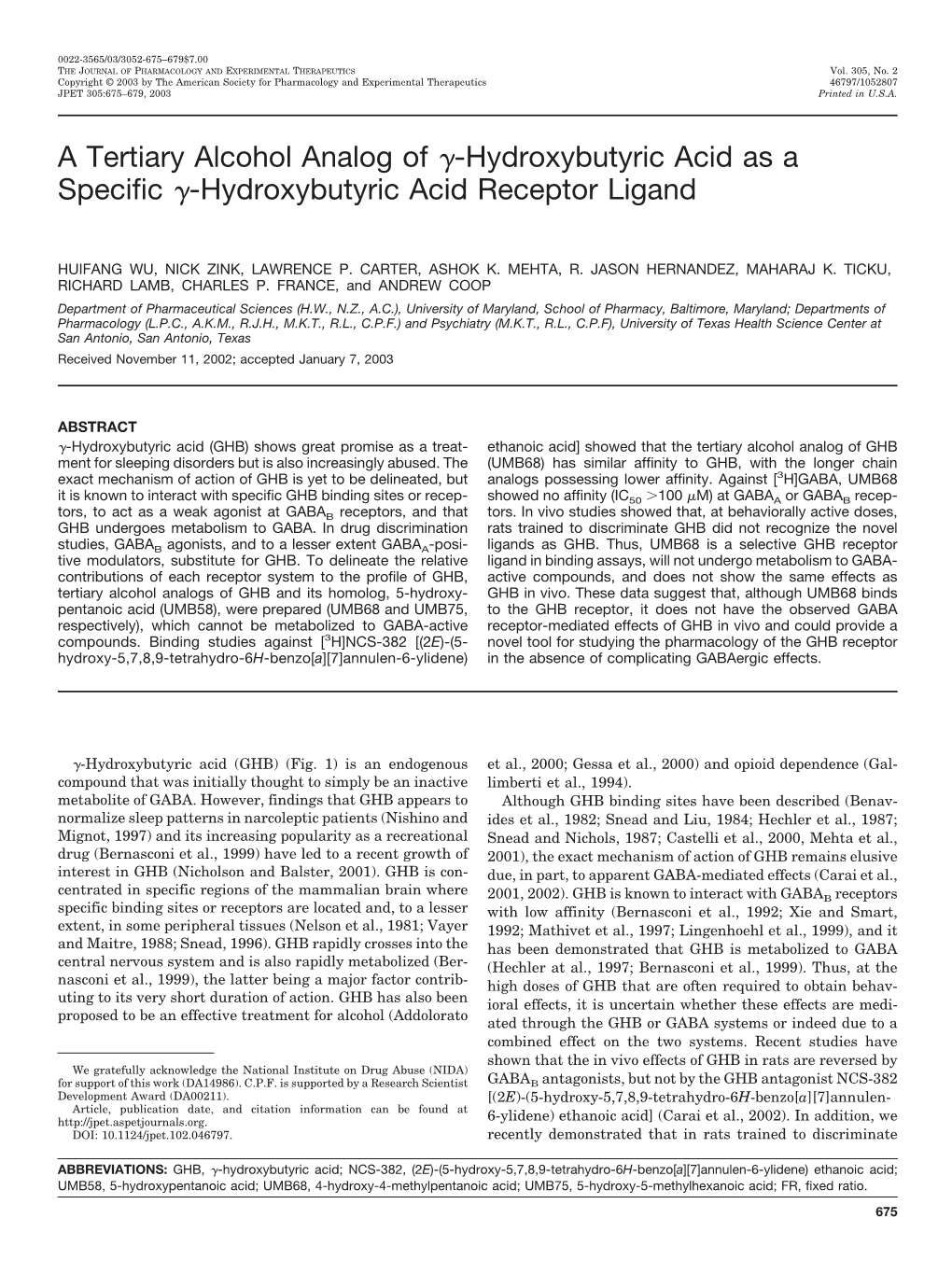 A Tertiary Alcohol Analog of -Hydroxybutyric Acid As a Specific