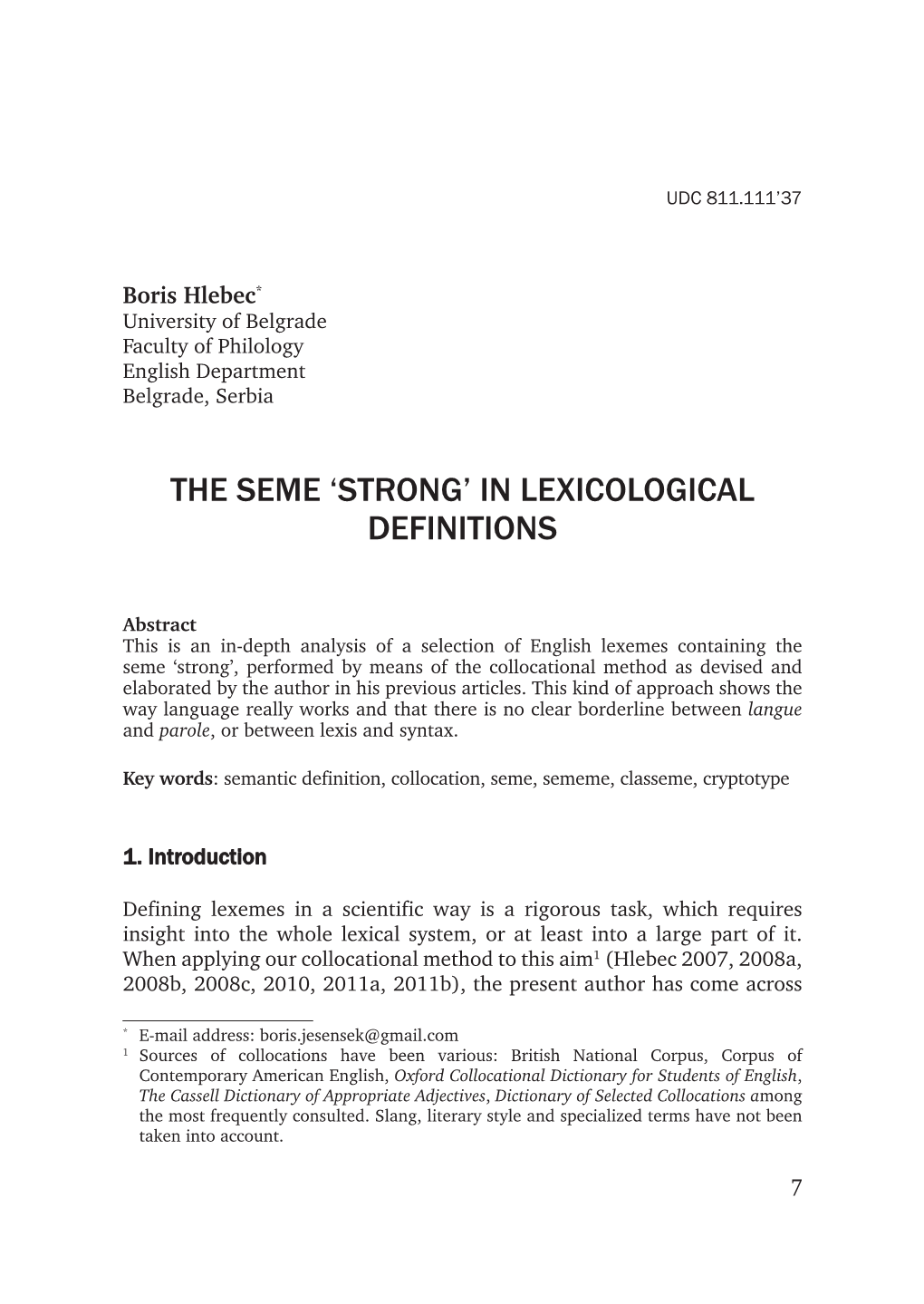 The Seme ‘Strong’ in Lexicological Definitions