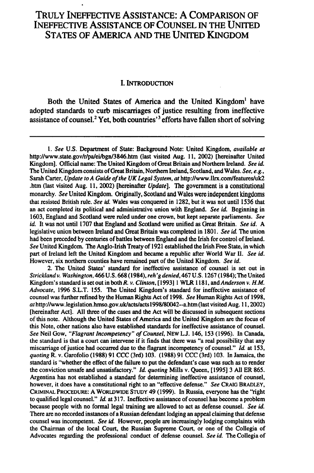 A Comparison of Ineffective Assistance of Counsel in the United States of America and the United Kingdom