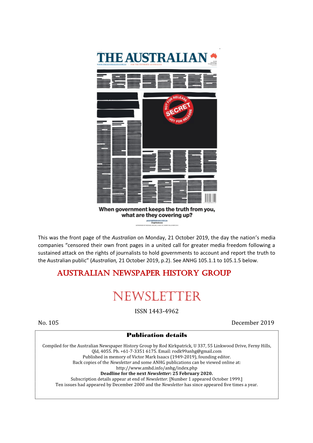 NEWSLETTER ISSN 1443-4962 No