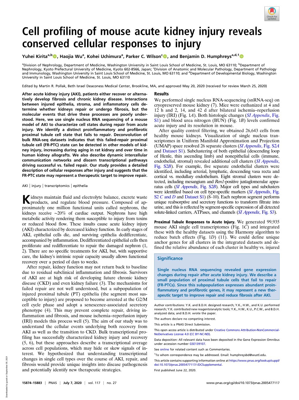 Cell Profiling of Mouse Acute Kidney Injury Reveals Conserved Cellular Responses to Injury