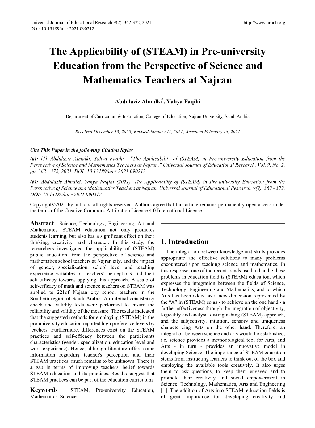 In Pre-University Education from the Perspective of Science and Mathematics Teachers at Najran