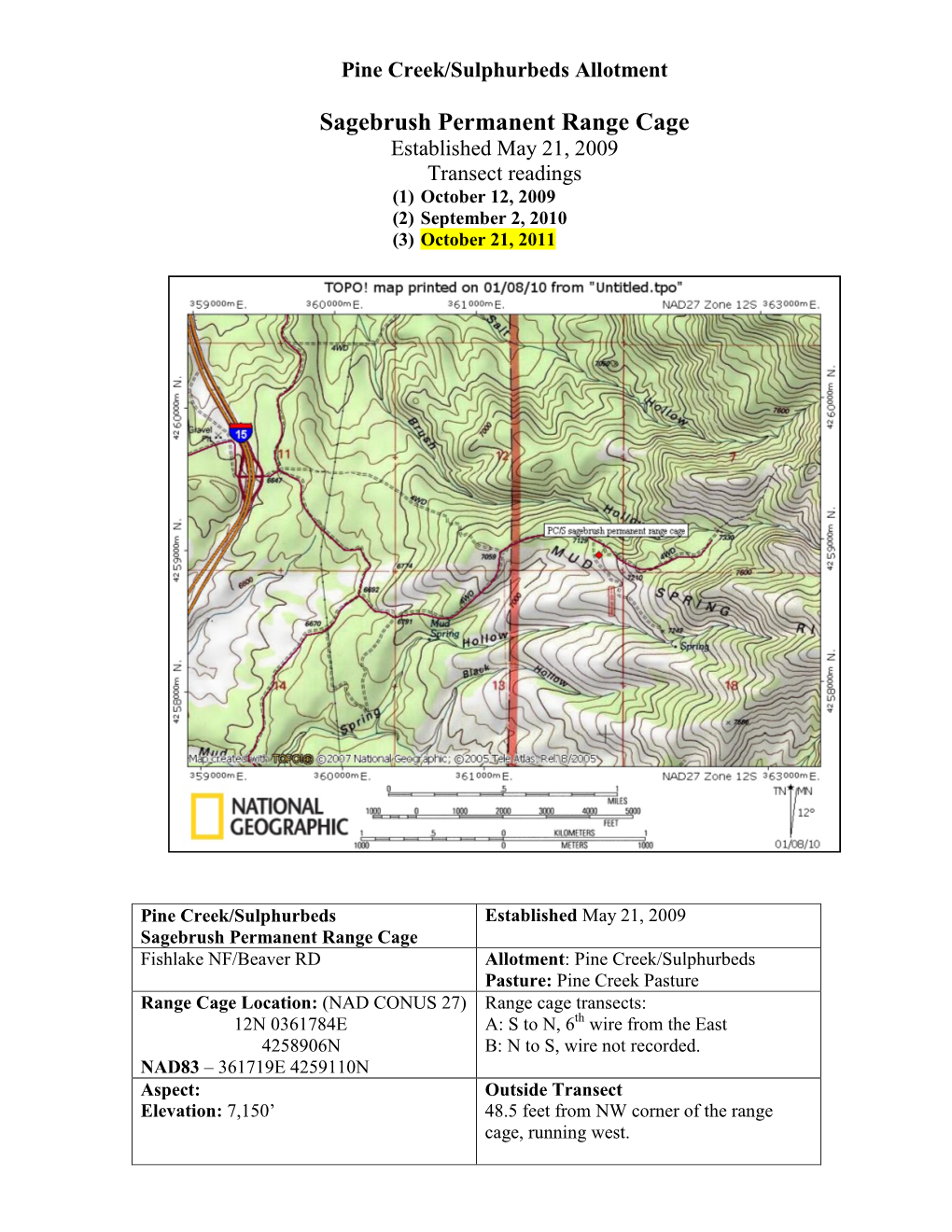 Sagebrush Permanent Range Cage Established May 21, 2009 Transect Readings (1) October 12, 2009 (2) September 2, 2010 (3) October 21, 2011