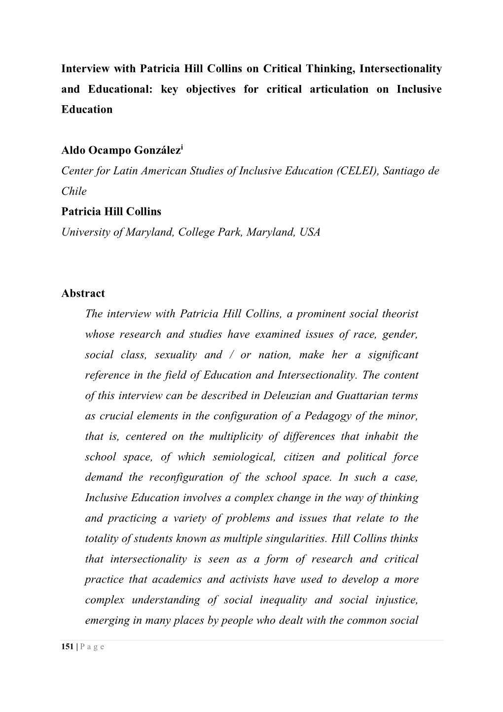 Interview with Patricia Hill Collins on Critical Thinking, Intersectionality and Educational: Key Objectives for Critical Articulation on Inclusive Education