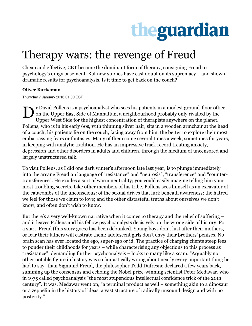 Therapy Wars: the Revenge of Freud | Oliver Burkeman | Science