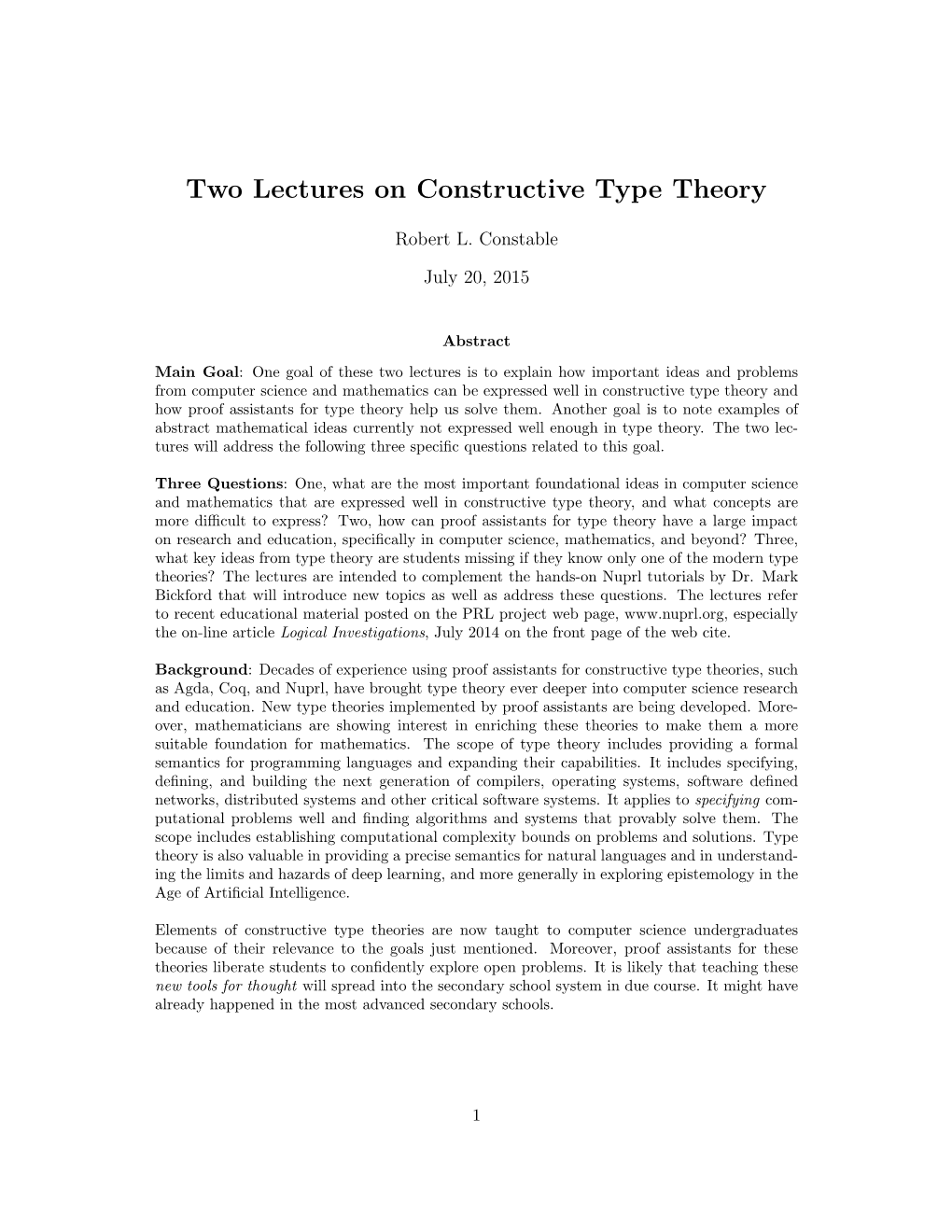 Two Lectures on Constructive Type Theory