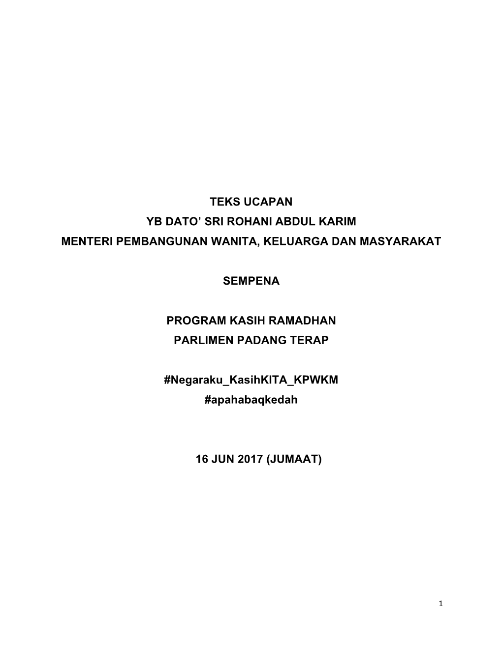 Teks Ucapan Yb Dato' Sri Rohani Abdul Karim Menteri