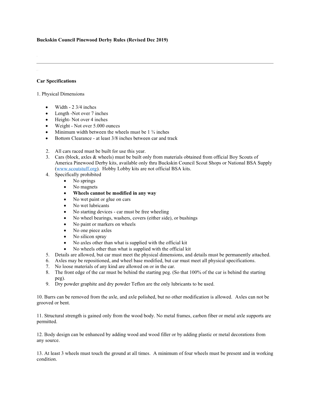 Buckskin Council Pinewood Derby Rules (Revised Dec 2019) Car