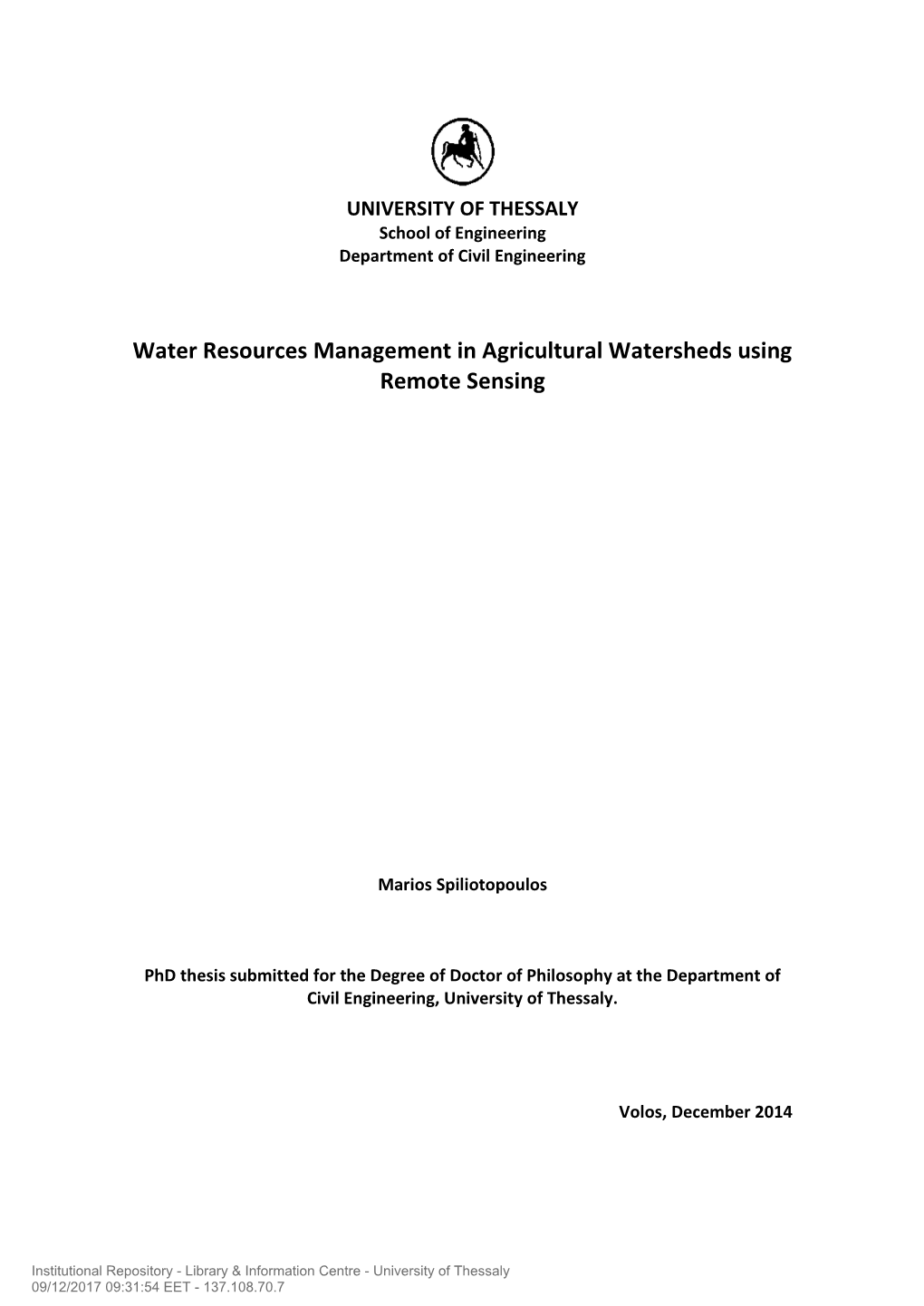 Water Resources Management in Agricultural Watersheds Using Remote Sensing