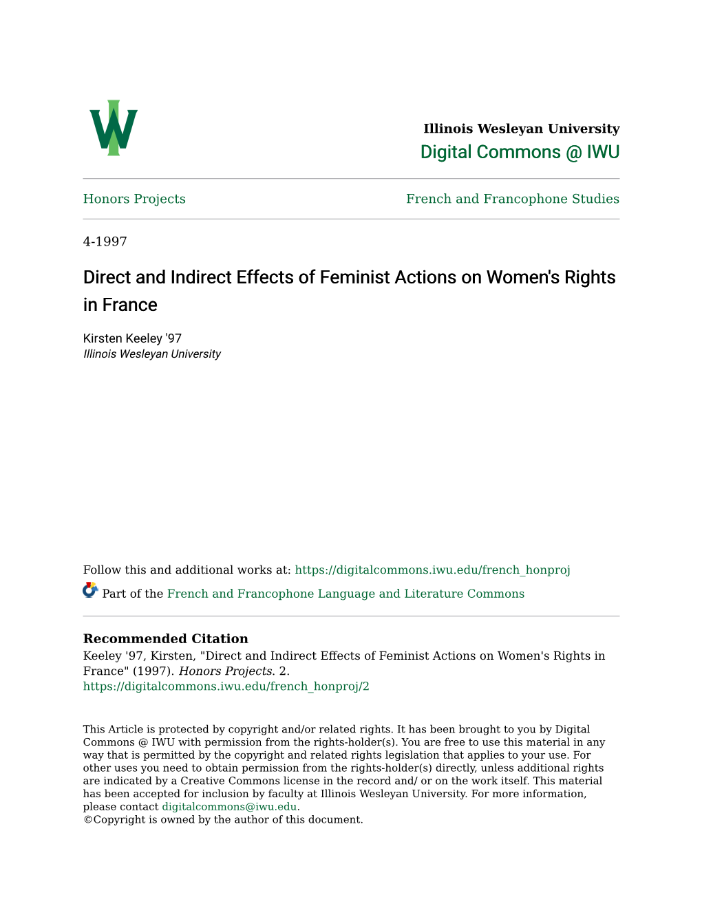 Direct and Indirect Effects of Feminist Actions on Women's Rights in France