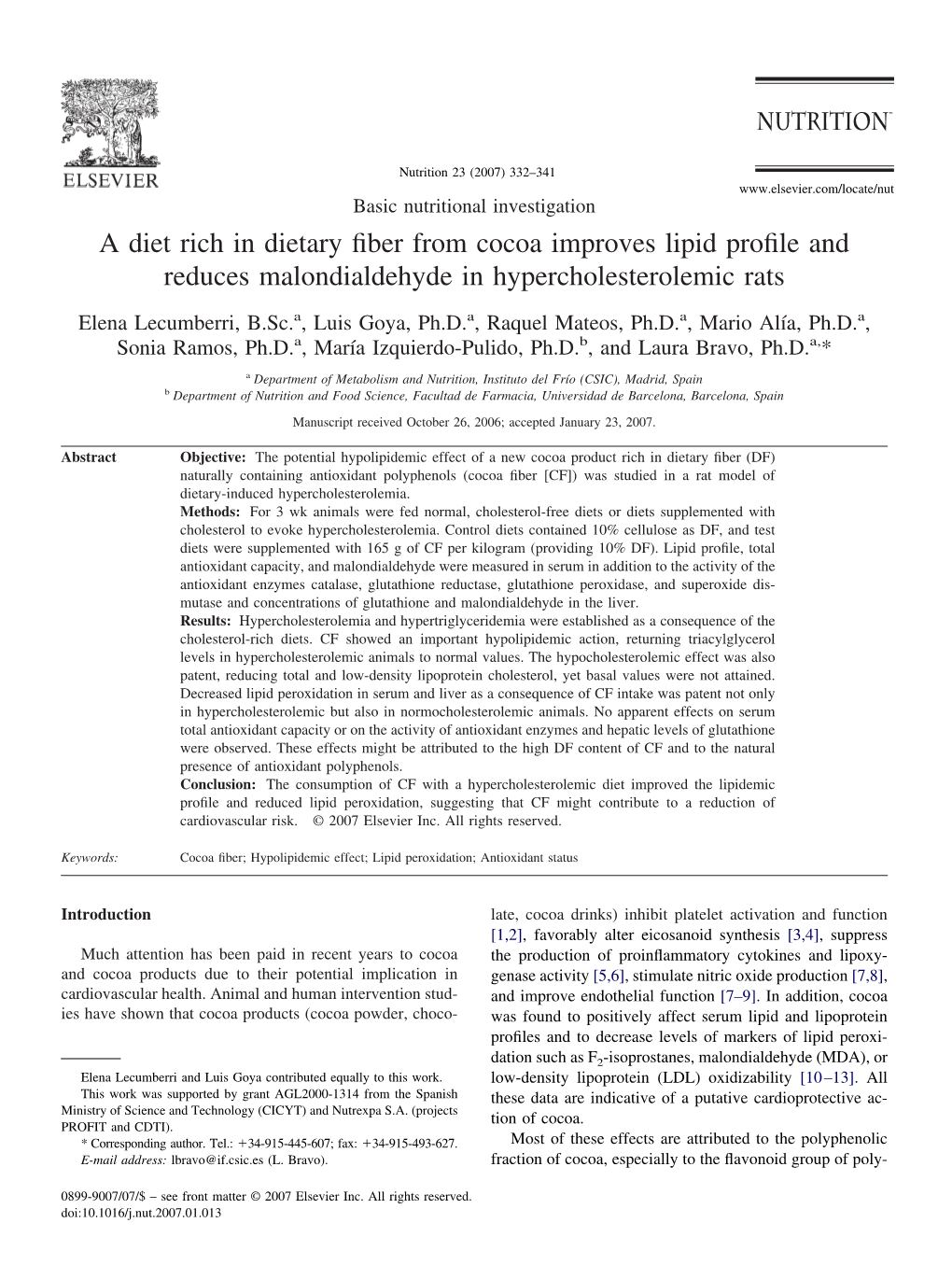 A Diet Rich in Dietary Fiber from Cocoa Improves Lipid Profile and Reduces